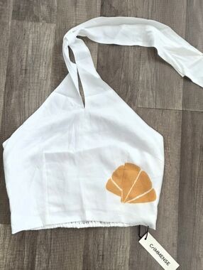 Nwt COMMENSE BOHO LINEN BLEND White Halter Crop Top Orange Shell classy Coastal